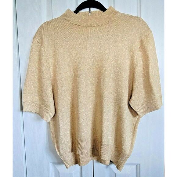 St. John L Vintage Gold Metallic Santana Knit SS Zip Back Sweater Mock Neck - Picture 1 of 5
